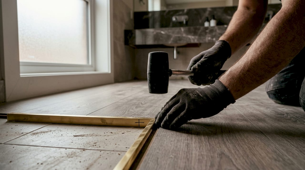 Hands installing brass T-moulding trim on laminate flooring