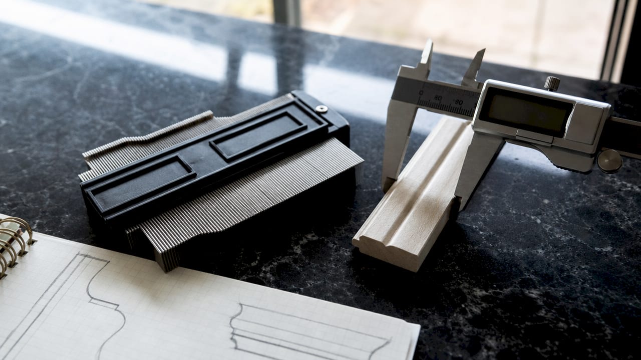 Close-up of caliper and profile gauge measuring trim