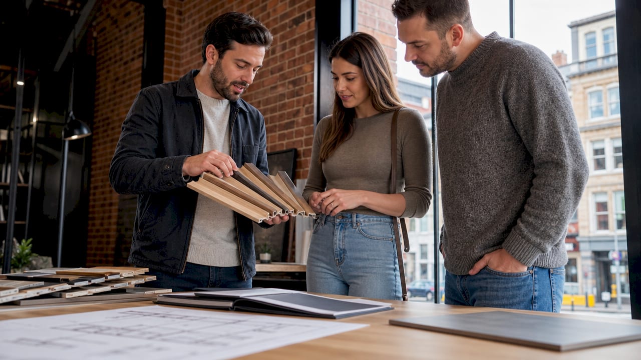 Interior designer and couple choosing trim samples