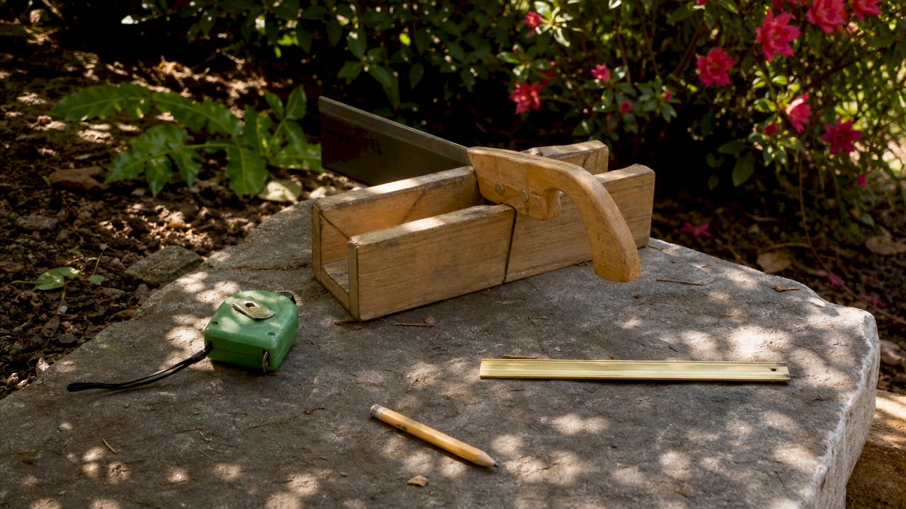 Close-up of floor trim matching tools on workshop table