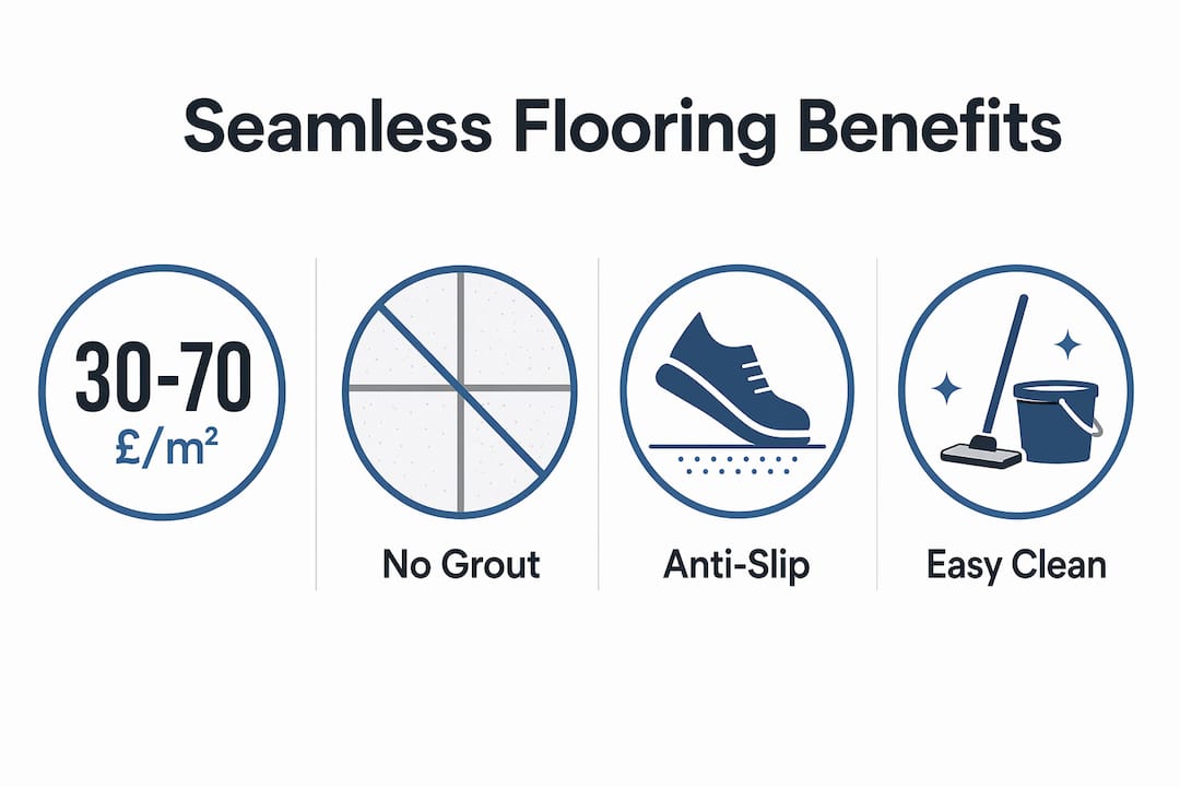 Infographic showing key benefits of seamless flooring with statistics