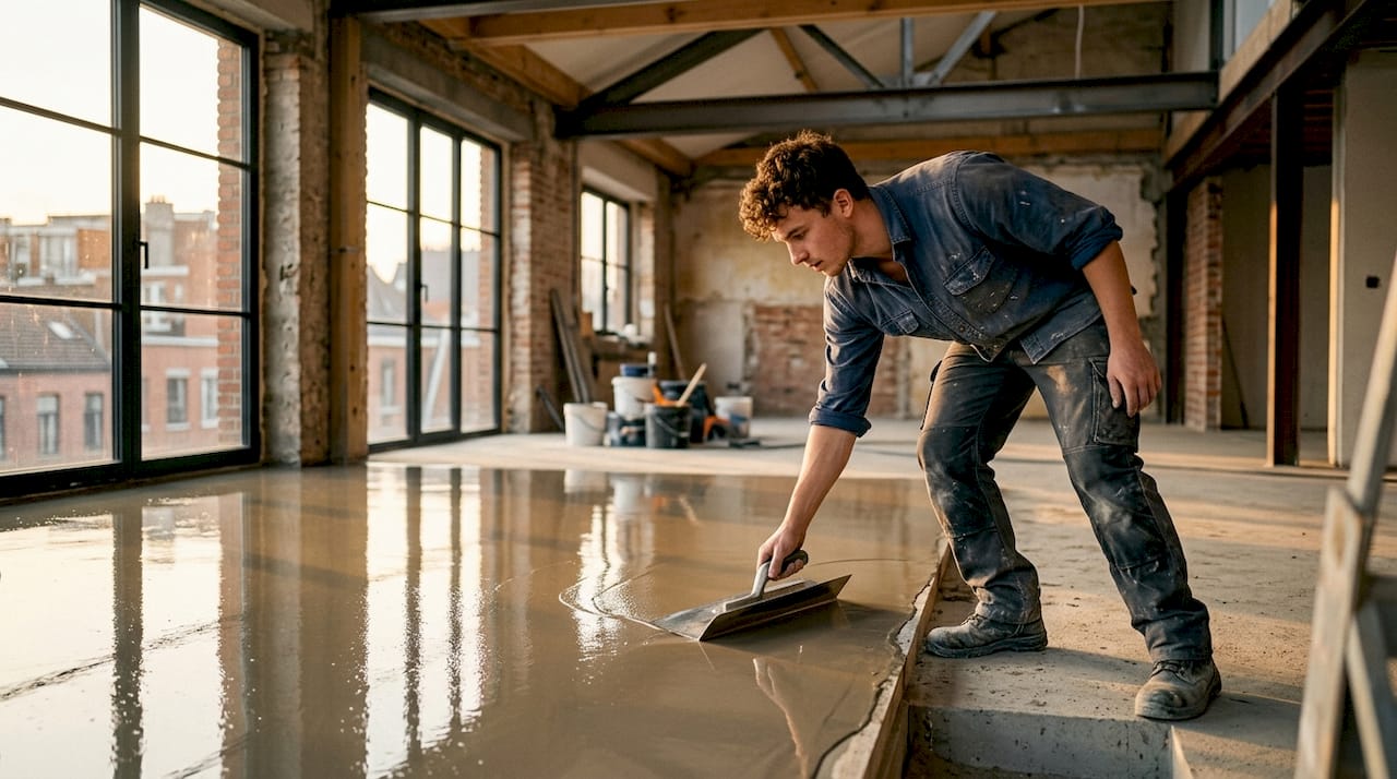Craftsman applying seamless resin flooring in residential room