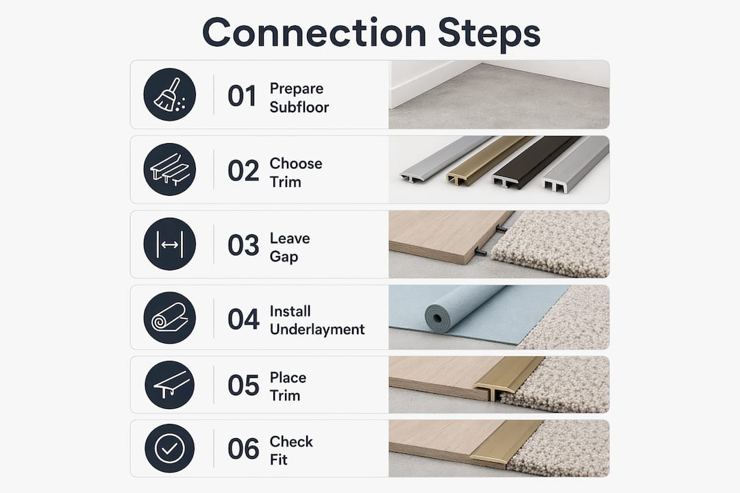 Infographic showing steps to connect laminate and tile floors