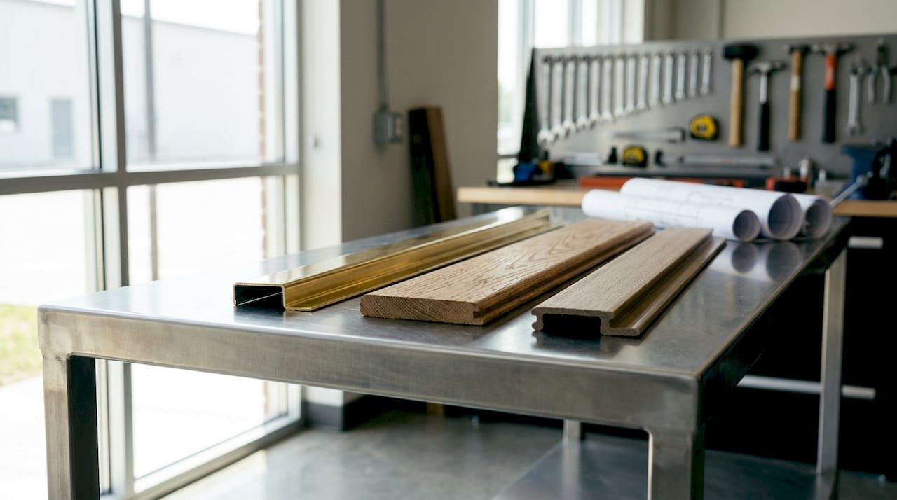 Various flooring trims materials on wooden table