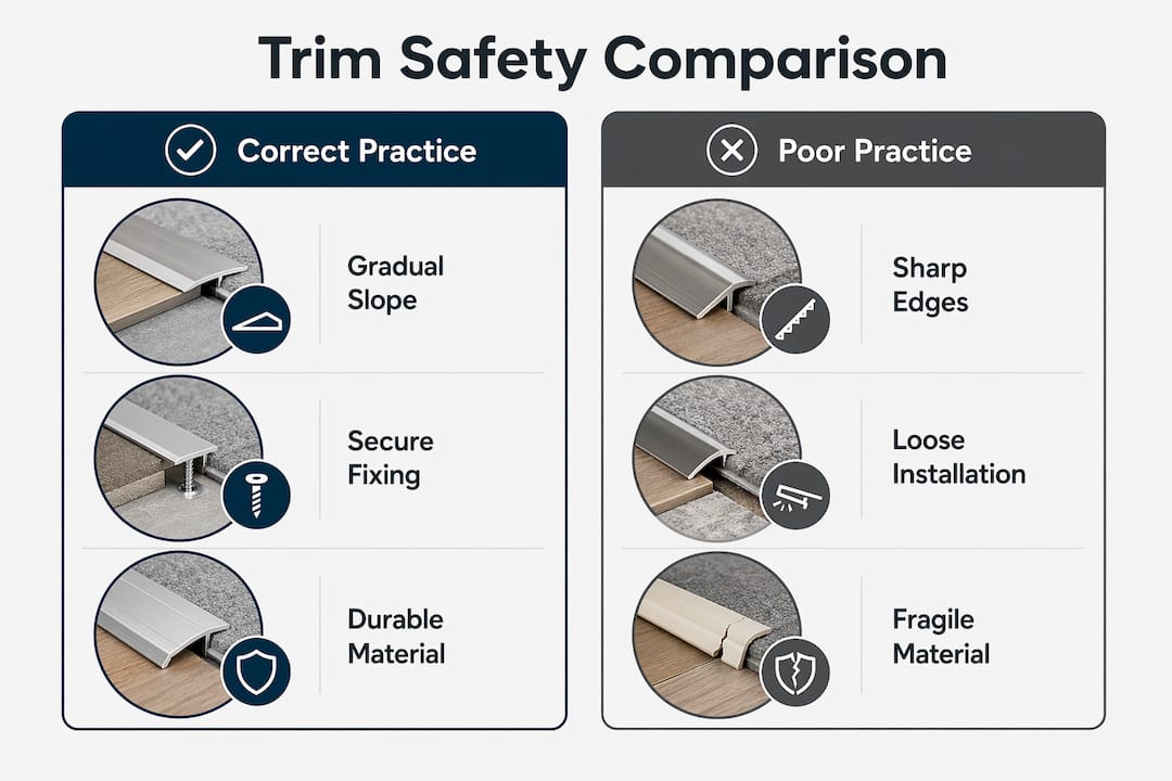 Infographic contrasting correct and poor trim installation