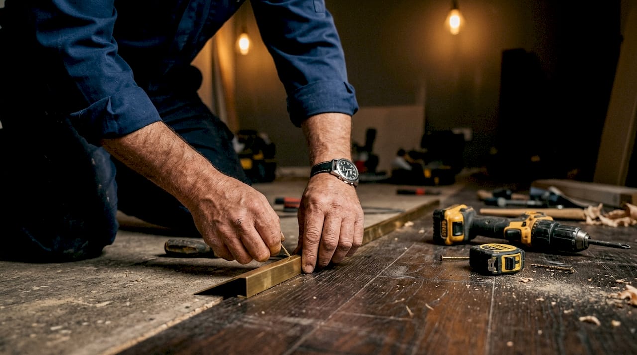 Hands fastening brass flooring trim onto subfloor