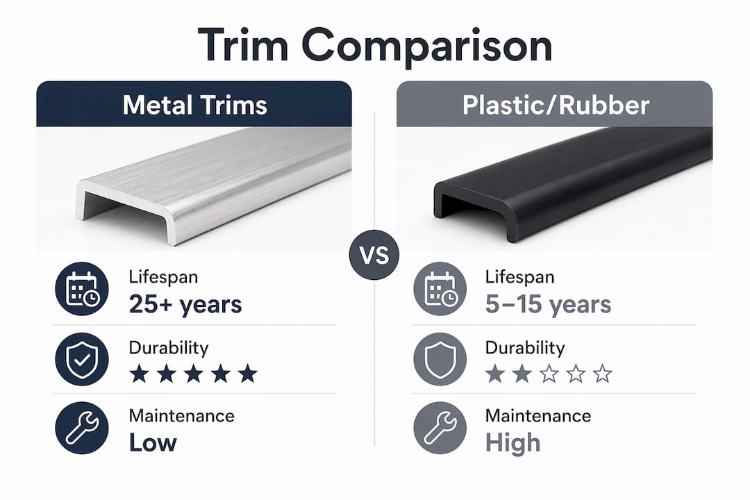 Infographic comparing metal trims and plastic rubber trims