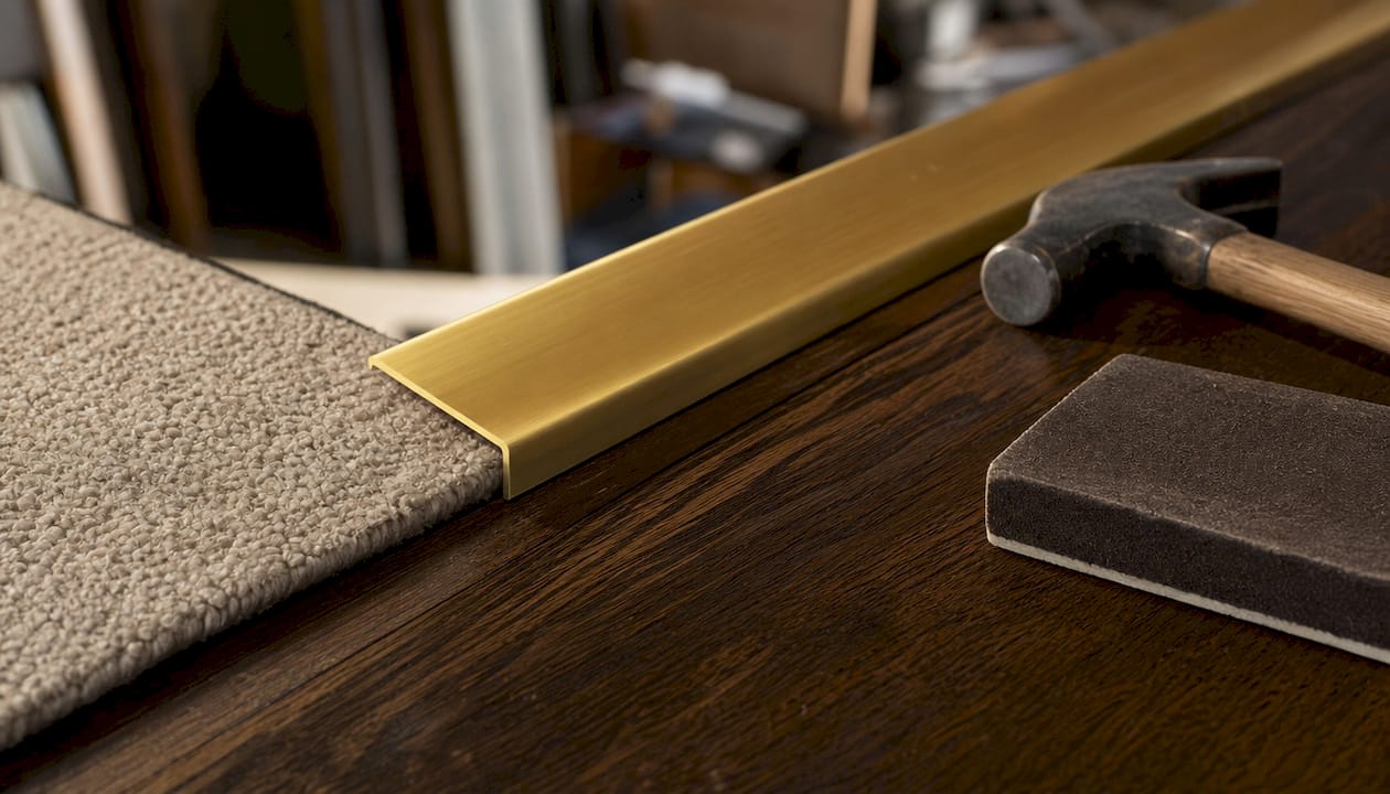 Close-up of solid brass flooring trim quality