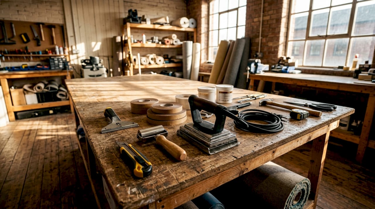 Flat lay of carpet joining tools on workbench