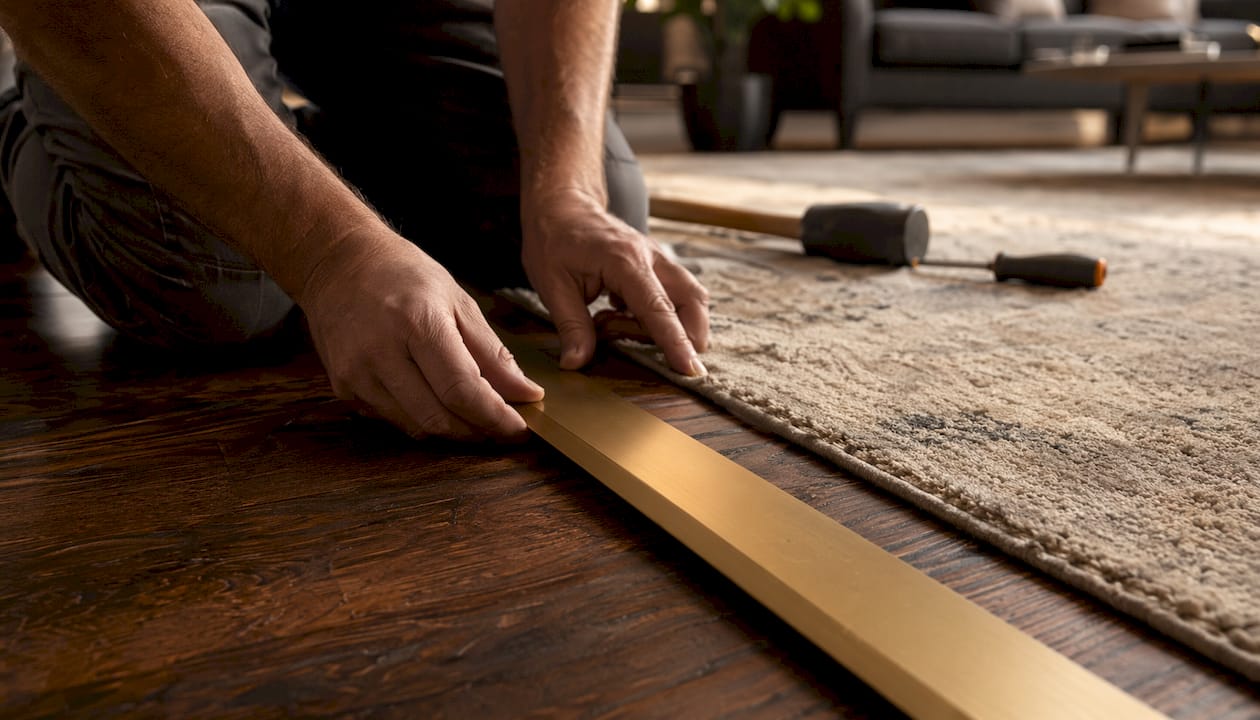 Close-up of hands fitting durable brass floor trim