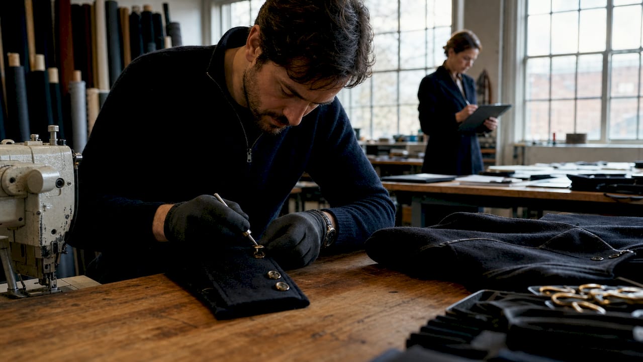 Craftsman attaching brass trims to jacket sleeve