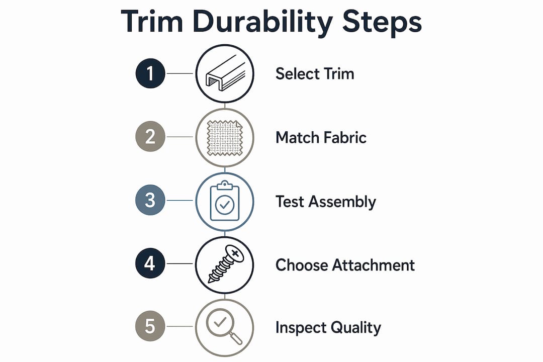 Infographic illustrating steps to ensure garment trims durability