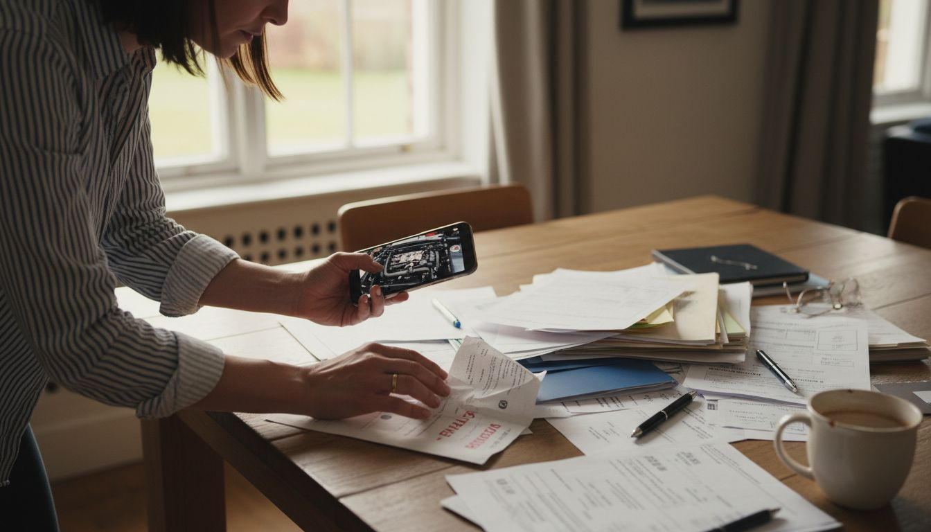 Person photographing engine and car documents