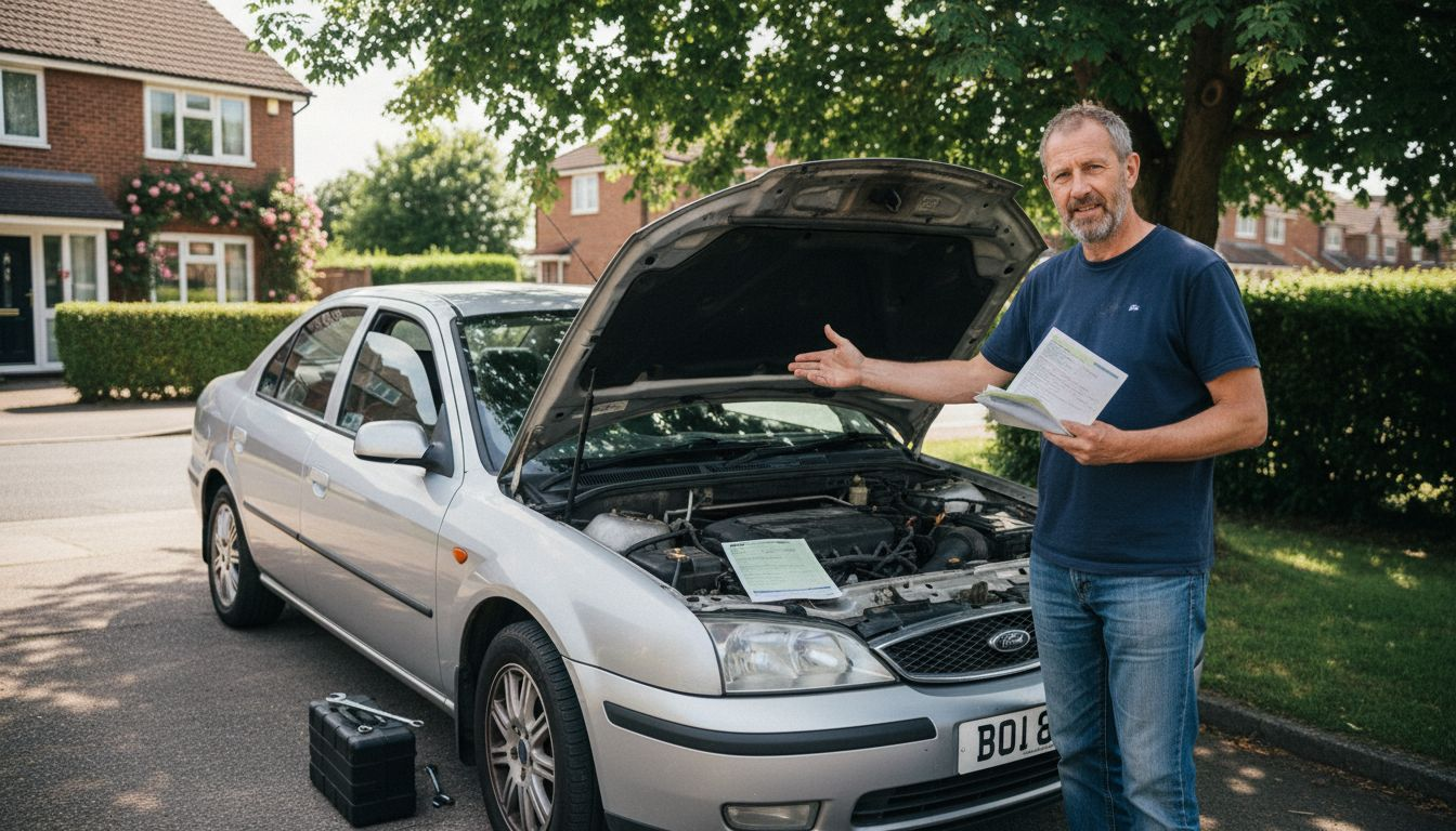 Person presenting car with engine failure documents