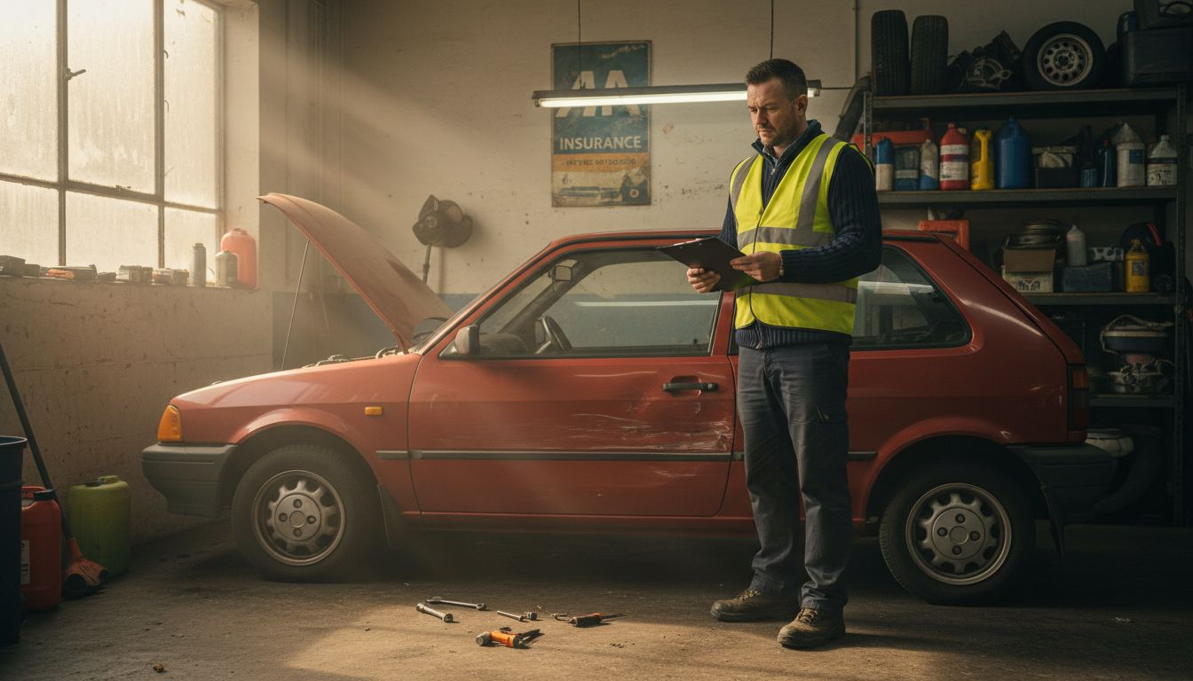 Car assessor inspects damaged vehicle in garage