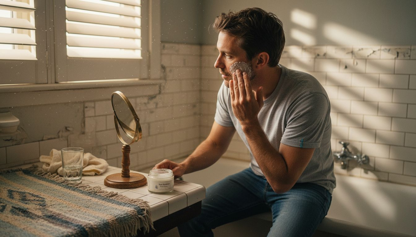Man applying facial exfoliant in vintage bathroom