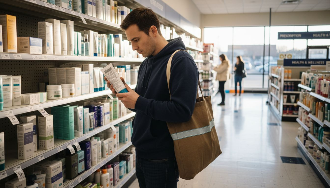 Man inspecting skincare ingredient label in pharmacy