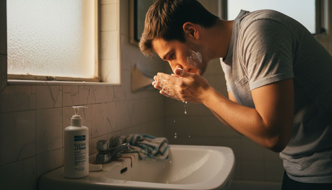 Man cleanses face at home sink