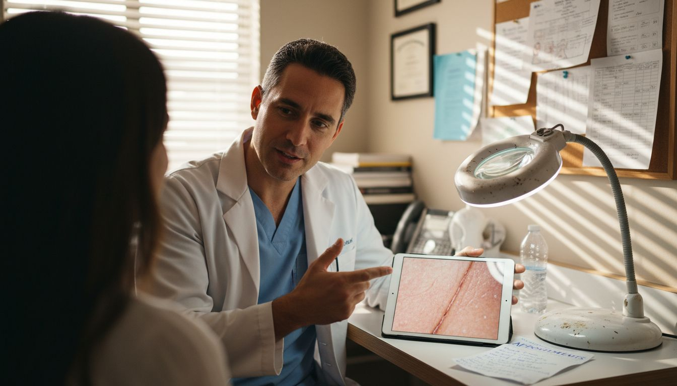 Dermatologist showing skin scan to patient