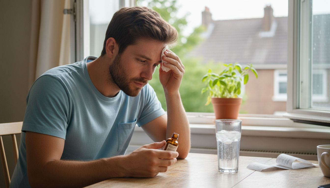 Man manages oily skin in humid kitchen