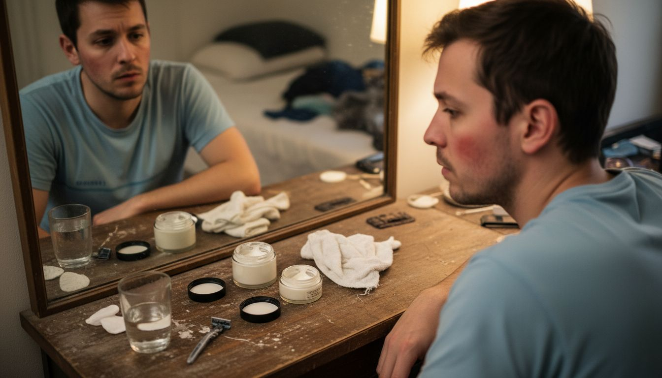 Man confused over skincare with messy vanity