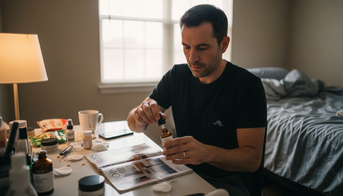 Man preparing vitamin C serum at vanity