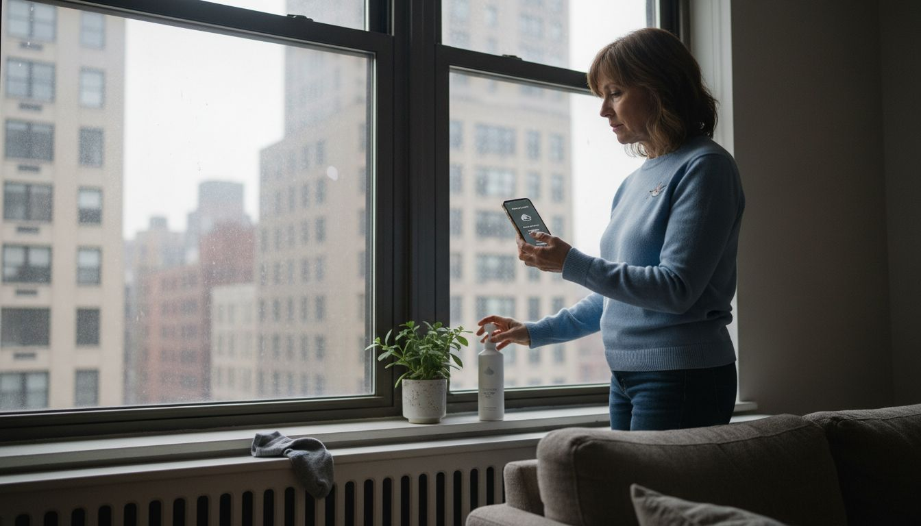 Woman adjusting skincare by window weather