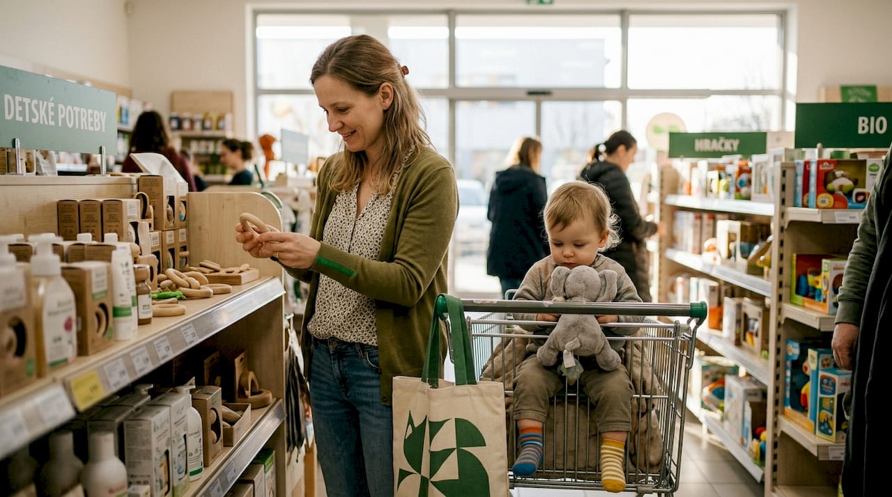 Mamička si v obchode starostlivo vyberá produkty pre svoje bábätko.