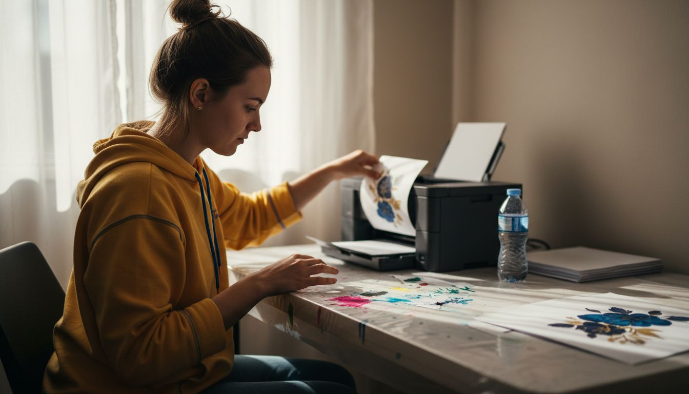 Woman printing sublimation design on transfer paper