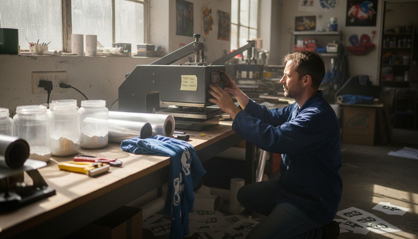 Man adjusts DTF printer equipment in print shop