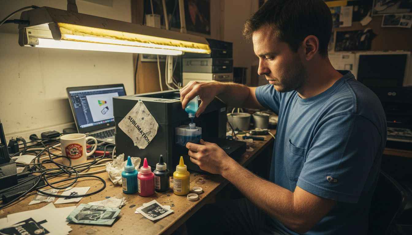 Filling printer with sublimation inks in cluttered room