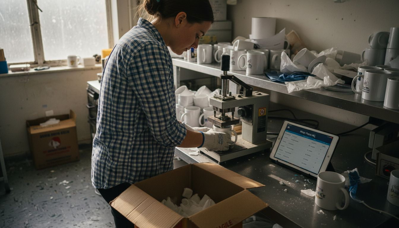 Owner placing mugs into heat press workspace