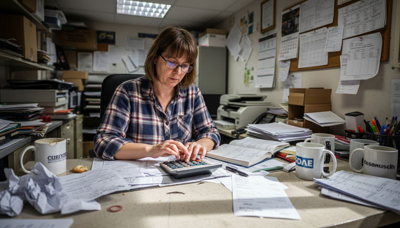 Owner compares cost setup at print shop desk