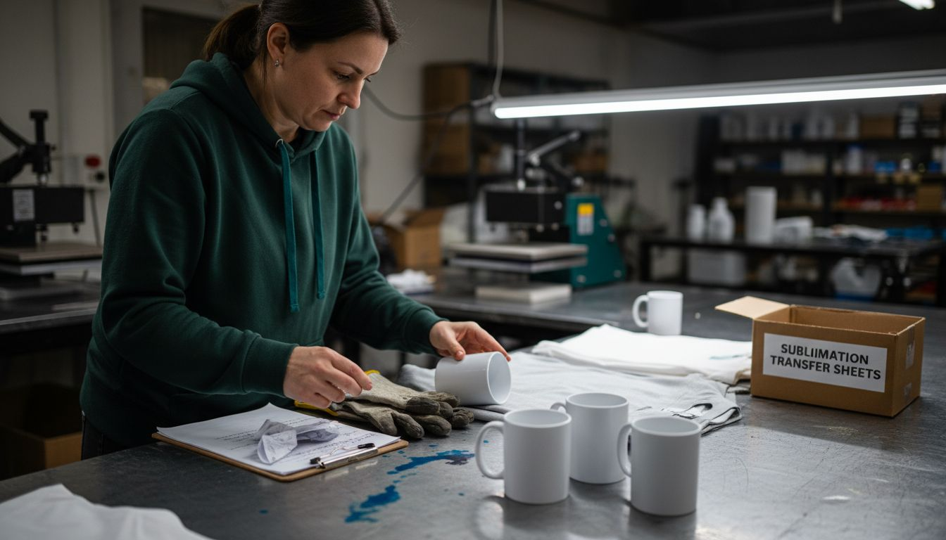 Technician inspecting sublimation blanks on table