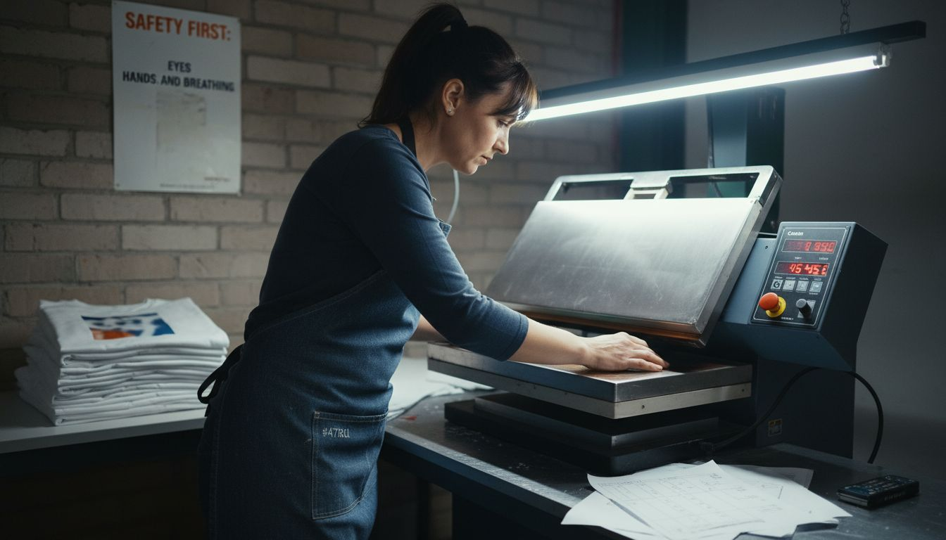 Operator setting heat press in sublimation studio