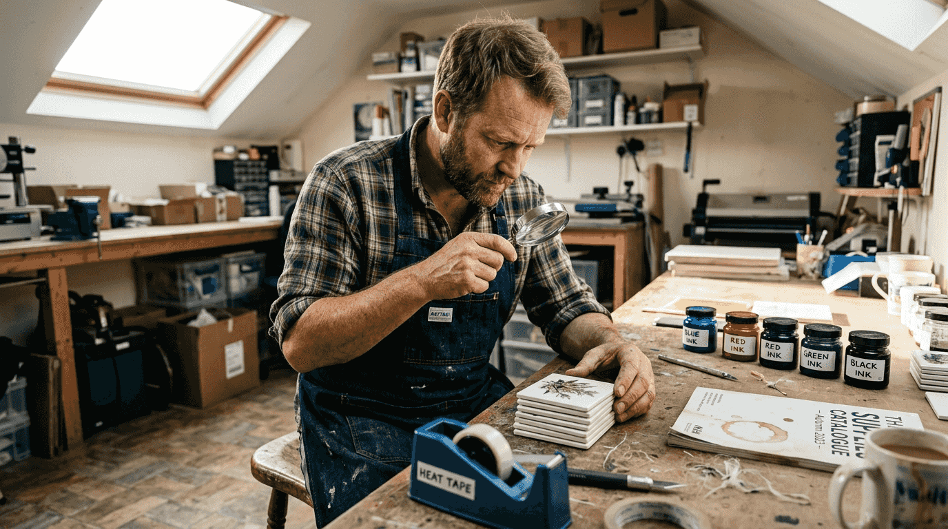 Craftsman reviewing polymer-coated sublimation blanks