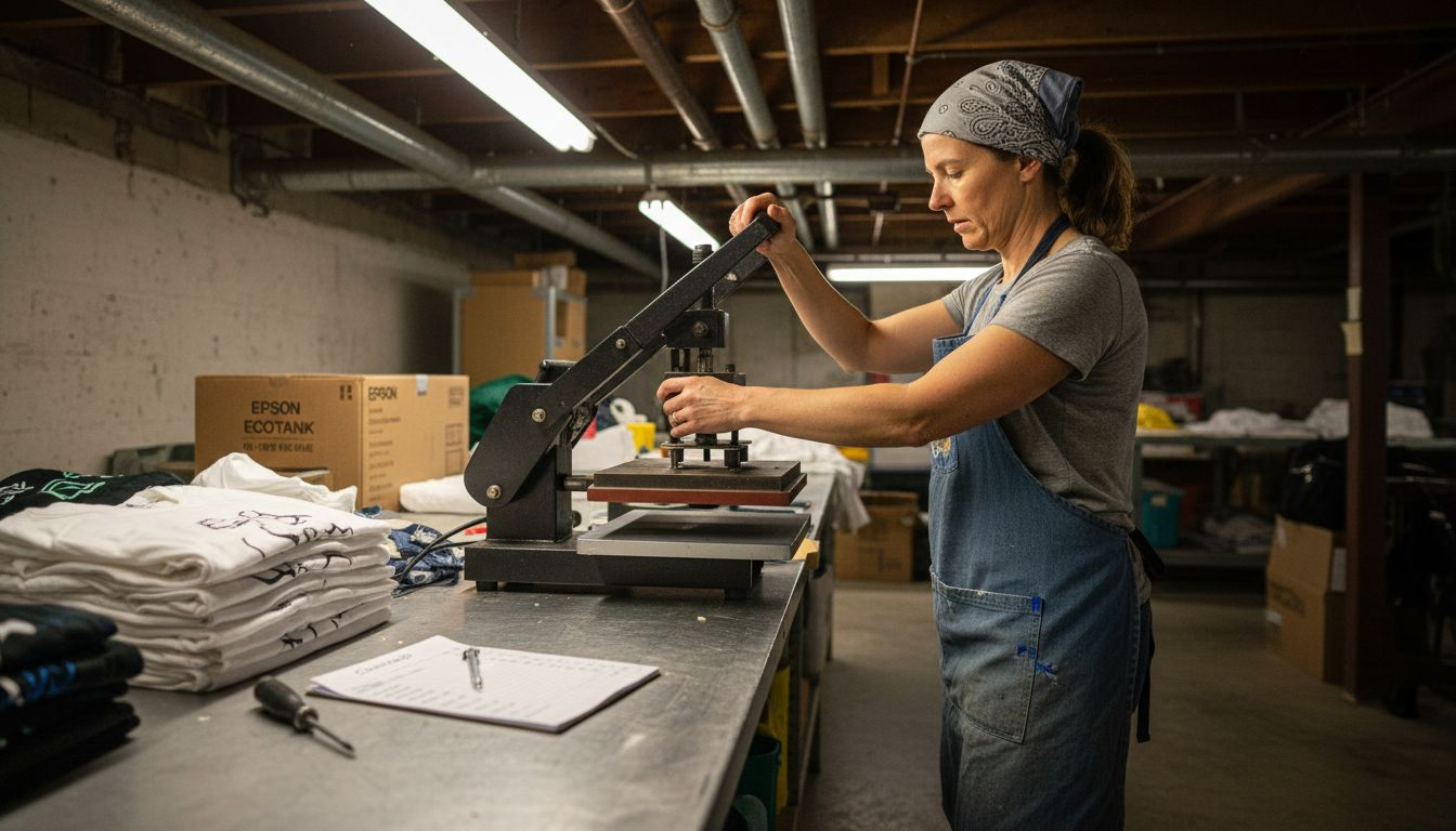 Worker adjusting clamshell heat press in workshop