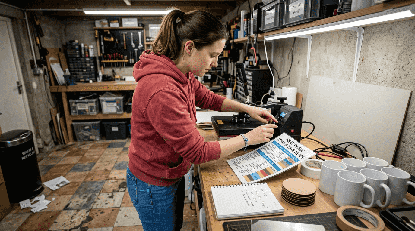 Woman adjusts settings referencing sublimation chart