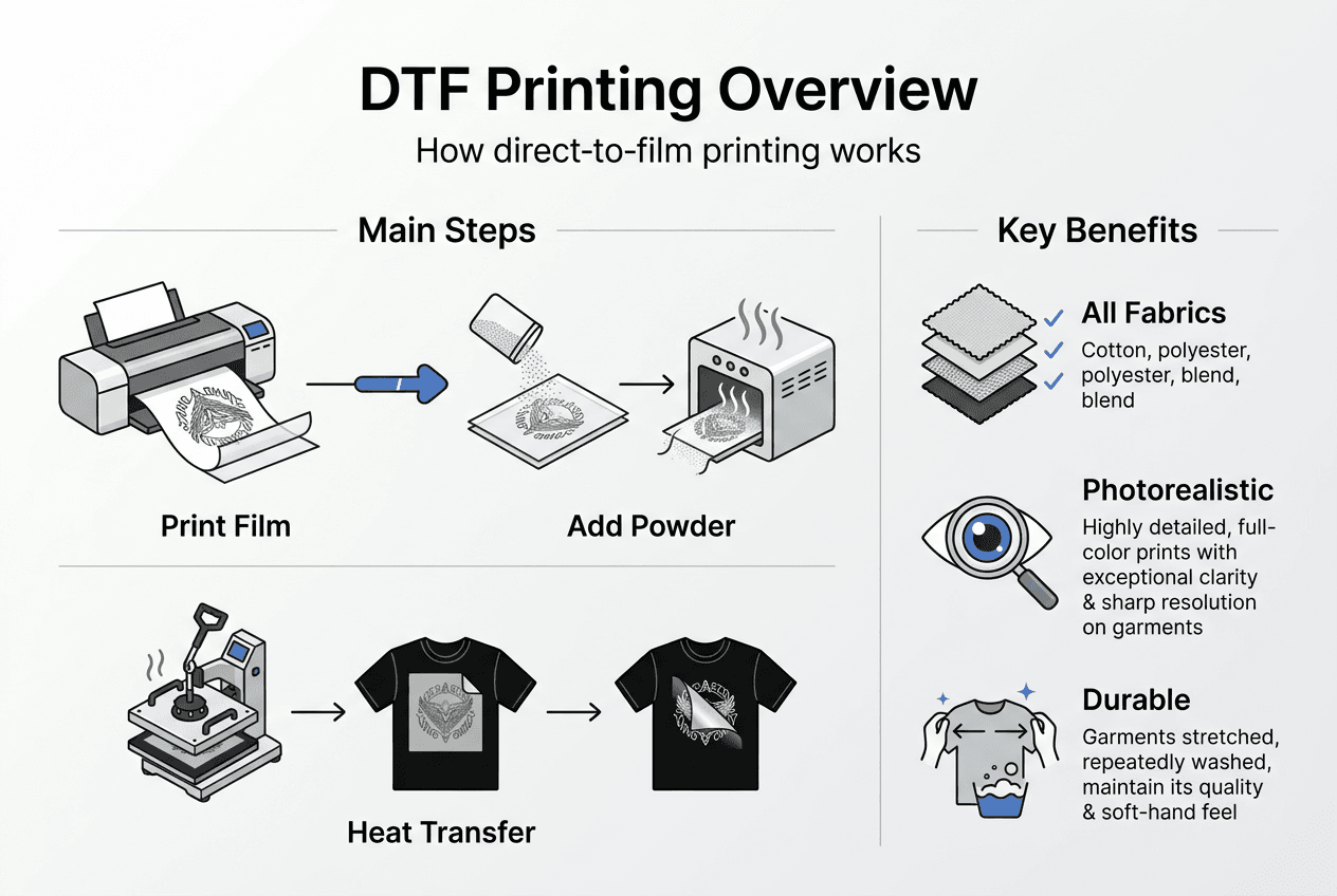 Infographic shows DTF printing steps and benefits