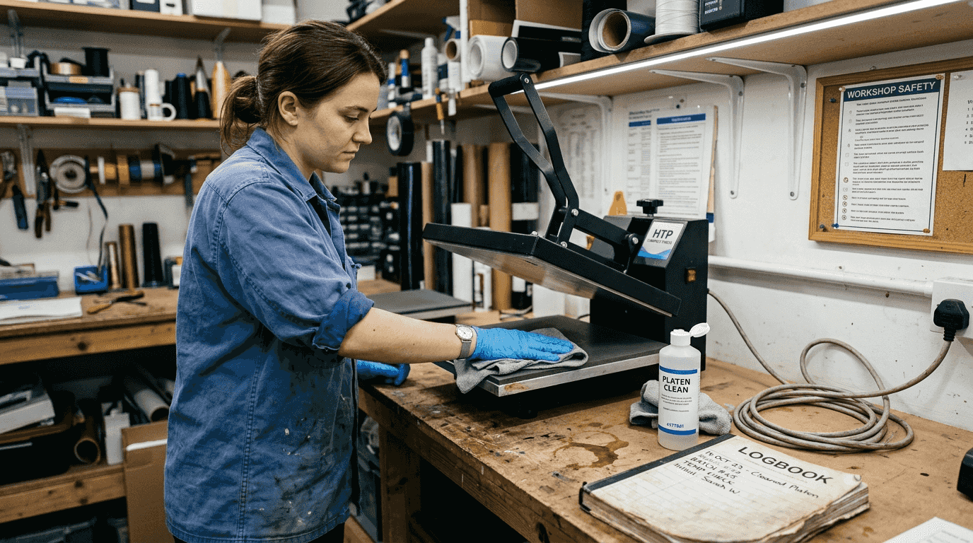 Technician cleaning platen on busy workbench