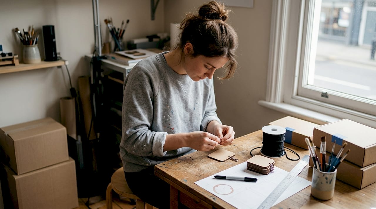 Studio workspace assembling MDF badge blanks