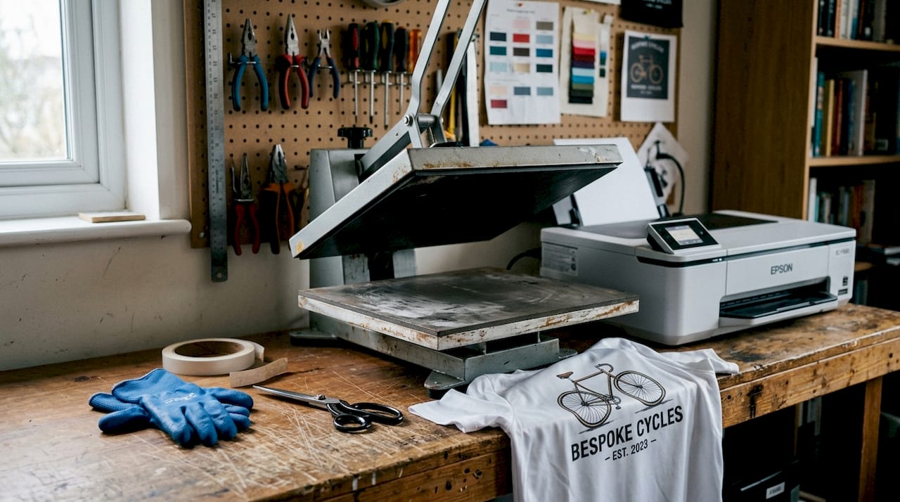 Heat press and sublimation printer close-up in workshop