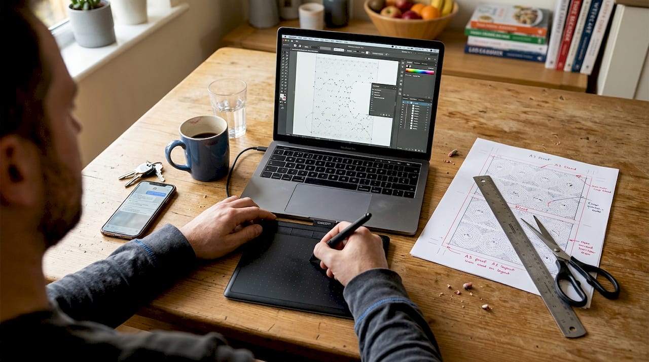 Close-up hands adding bleed to design