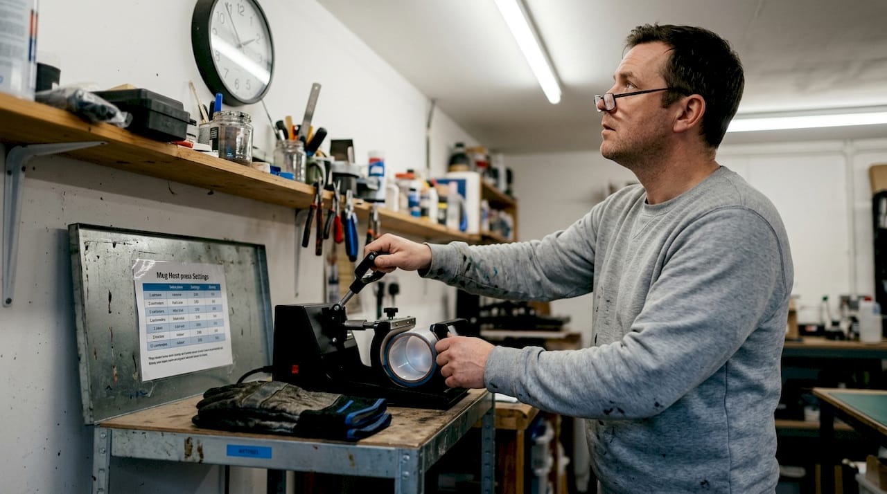 Man using mug heat press in studio
