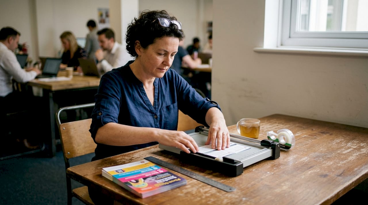 Designer cutting freshly printed business cards