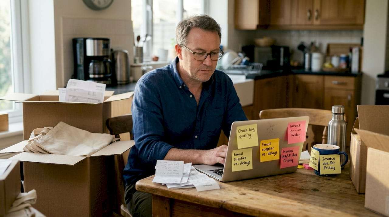 Man reviewing costs and supplies at kitchen table