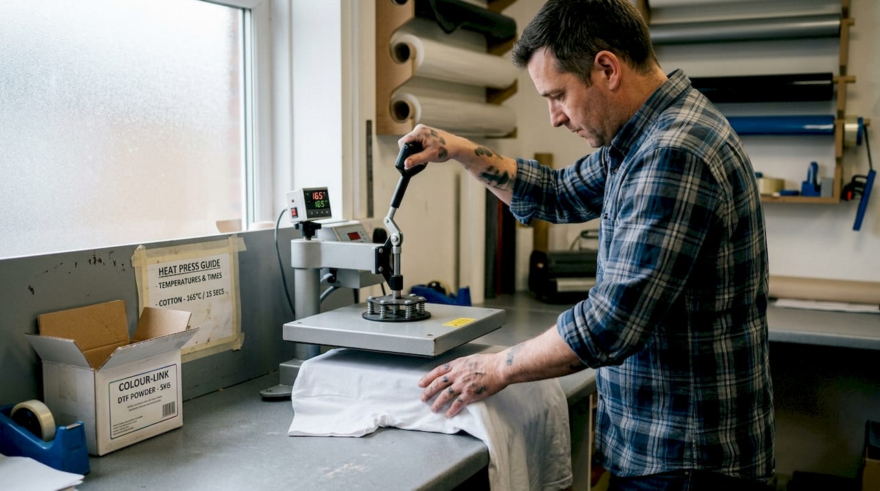 Operator applying DTF transfer with heat press