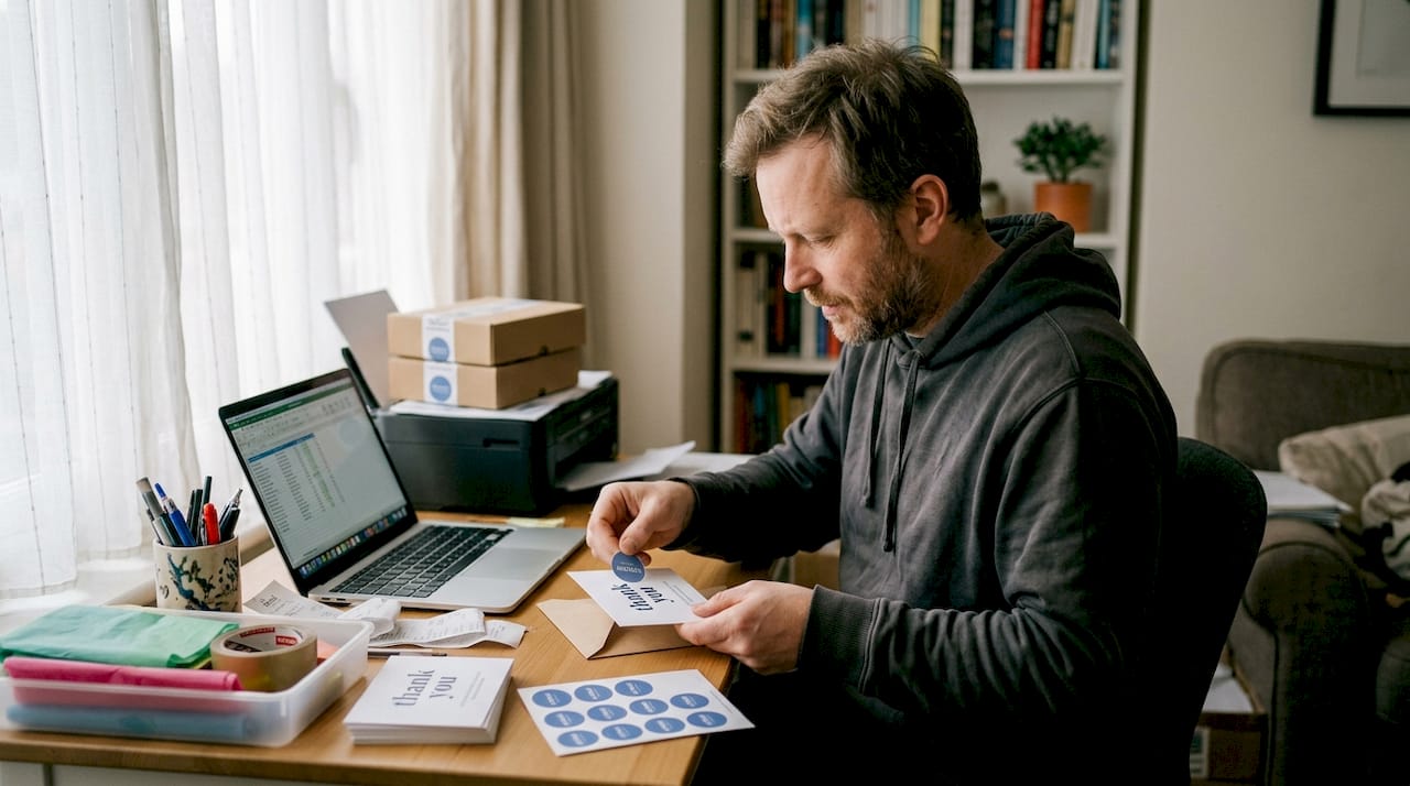 Man prepares branded packaging for shipment