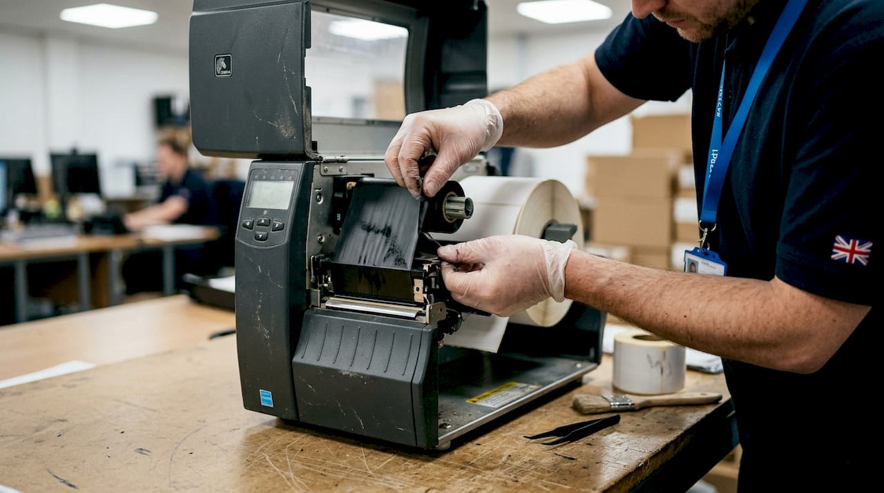 Close-up of printhead and ribbon adjustment