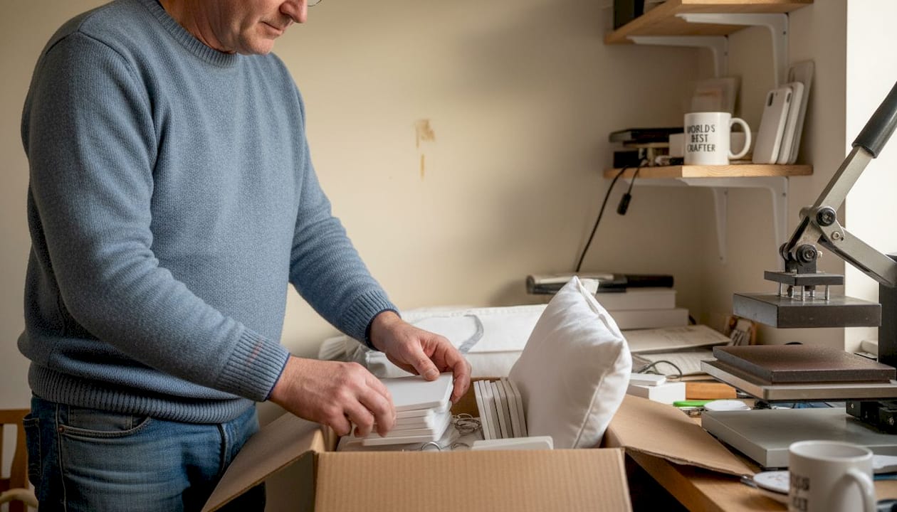 Man sorting blanks for sublimation gifts
